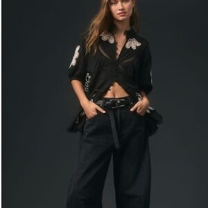 Anthropologie x Forever That Girl Embroidered Short Sleeve High Neck Peasant Top